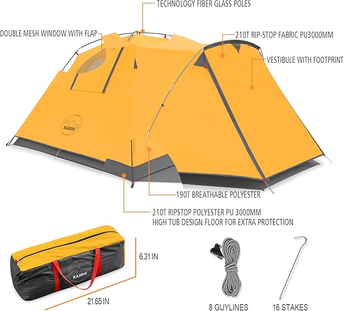 KAZOO 2/4 Person Camping Tent Outdoor Waterproof Family Large Tents 2/4 People Easy Setup Tent with Porch Double Layer