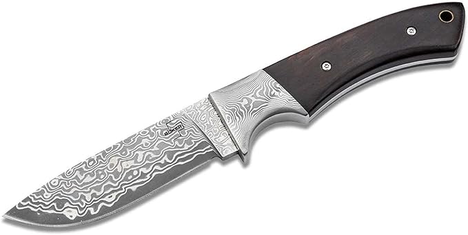 BÖKER PLUS® M-One Damascus hunting knife - fine Damascus knife with fixed blade & leather sheath - bushcraft knife with ebony wood handle - Damascus outdoor knife in gift box