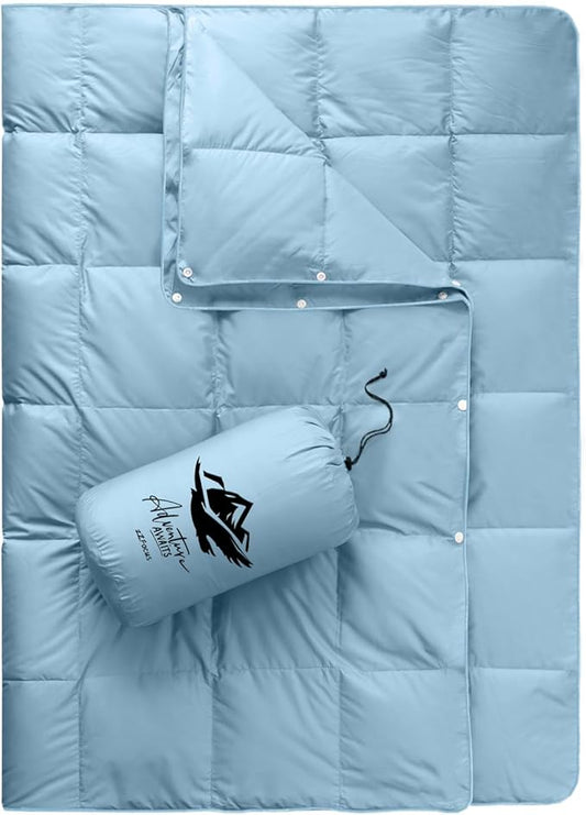 Down Camping Blanket,Puffy Down Blanket Packable Lightweight Down Throw Quilt Water-Resistant Outdoor Travel Blanket for Camping,Hiking,Stadium,Picnic,Car 50x77''Blue