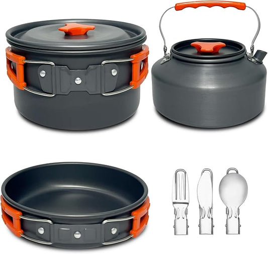 Camping Cookware Set, 13in1 Camping Cookware, Non-Stick Lightweight Camping Pot and Pan Set with Stainless Steel Kettle Plates Spoon for Backpacking, Hiking, Outdoor Cooking and Picnic