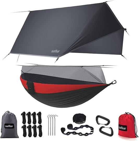 Sunyear Camping Hammock, Portable Single & Double Hammock with Net, 2 Person Hammock Tent with 2 * 10ft Straps, Best for Outdoor Hiking Survival Travel