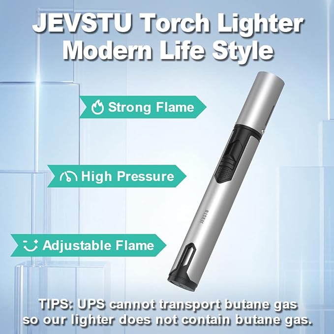 Torch Lighter, Butane Lighter 6.0in Long with Fuel Level Window, Windproof Pen Lighter Adjustable Jet Flame for Grill Candle Kitchen Fireplace Camping BBQ, Men Gifts, Silver. (Gas not Included)