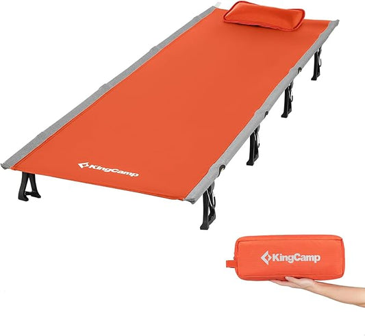 KingCamp Ultralight Camping Cot, Portable Folding Cots 265lbs Heavy Duty Sleeping Bed with Pad Pillow for Adults Outdoor Backpacking Travel Hiking, Orange