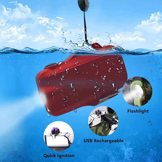 GADATOP Electric Lighter, Outdoor Waterproof Double arc Lighter Windproof Lighter, Rechargeable USB Lighter flameless Plasma Lighter with LED Torch with Lanyard, Suitable for Camping, Hiking (Red)
