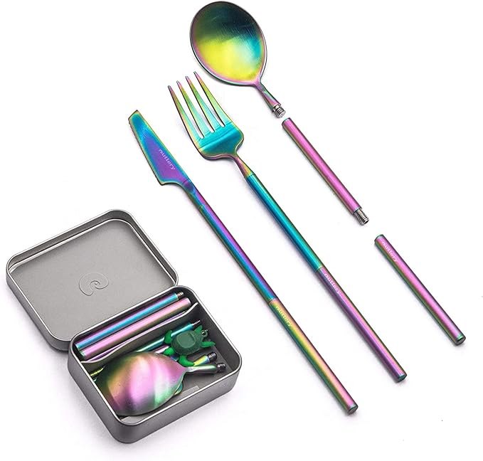 Outlery | Portable & Reusable Stainless Steel Travel Cutlery Set (Rainbow) - Includes Travel Case for Easy Transport