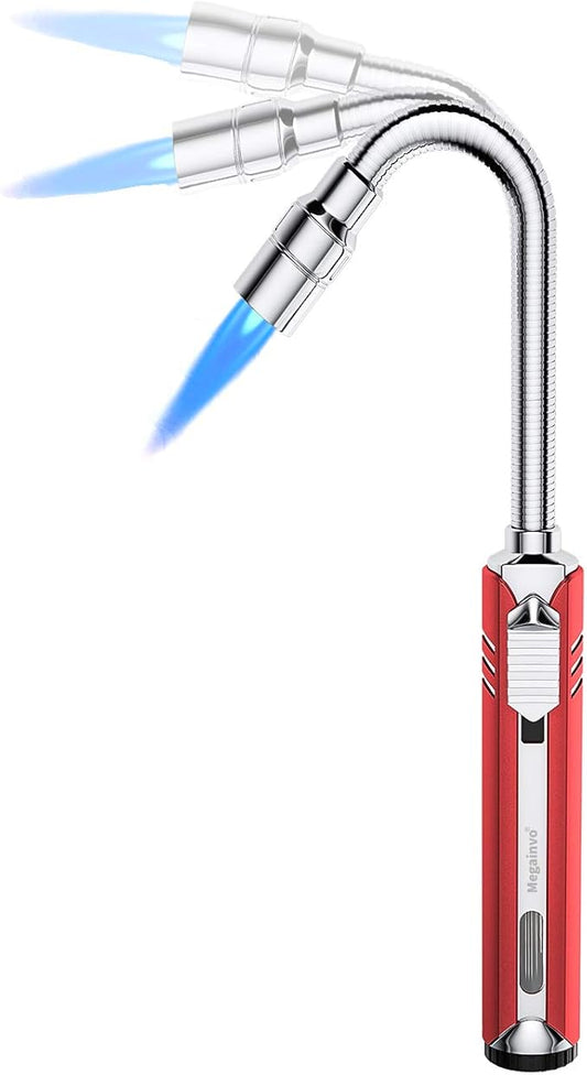 Butane Lighter Torch Long Lighter Refillable Adjustable Jet Flame Lighter Windproof Flexible with Visual Fuel Window Blow Torch for Stove BBQ Grill Fireplace Camping Kitchen (No Gas Include) - Red