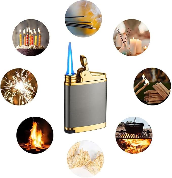Pocket Torch Lighter, Jet Flame Butane Lighter with Flame Dial, Refillable Torch Lighter, Windproof Jet Lighter for Hiking Camping, No Gas (Silver)