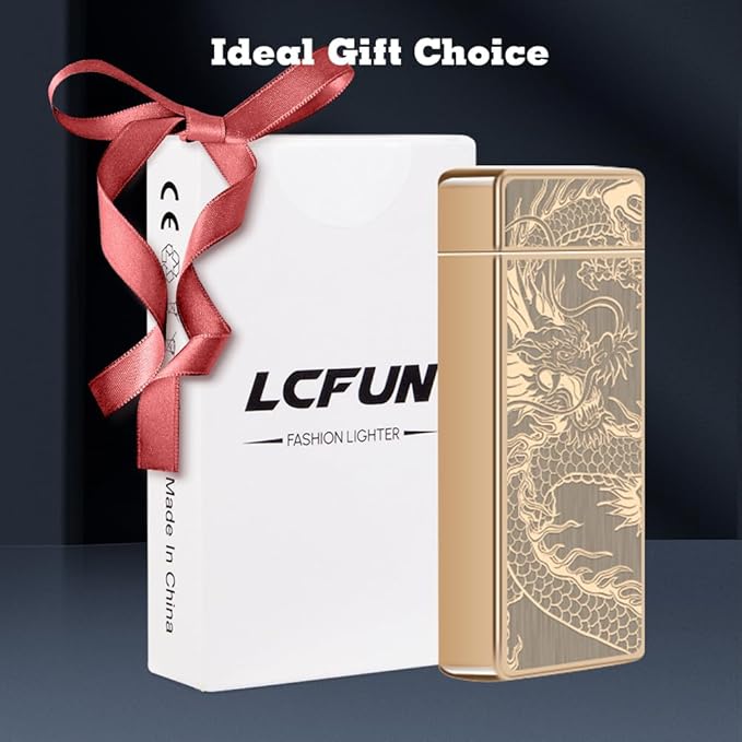 LcFun Plasma Lighter USB Type C Rechargeable Lighters Flameless Electric Lighter Windproof Dual Arc Lighter with LED Battery Indication for Candles, Outdoor Camping, Fireworks (Gold Dragon)