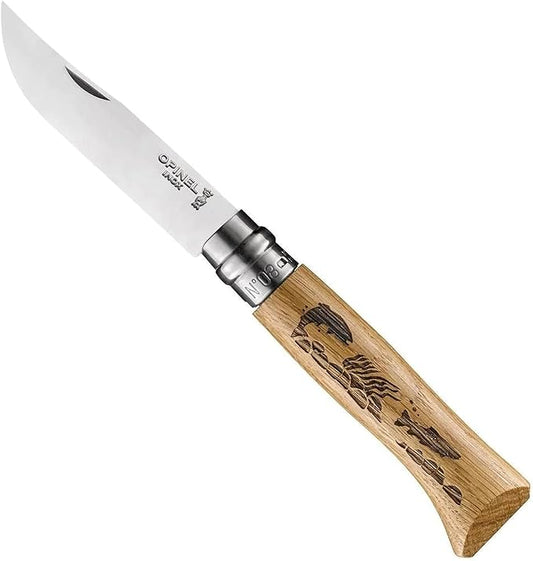 Opinel No. 8 Engraved Oak Handle Folding Knife, Animalia Collection, Stainless Steel Blade, Made in France