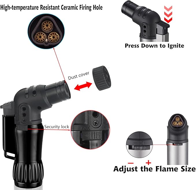 Lighter, 2pcs/Set Triple Jet Flame Torch Lighter,Bend Head Design Refillable Butane Gas Lighters, Jet 3 Flame Windproof Lighters for Candle,Indoor,Kitchen,Outdoor,Camping(without Butane)-Black+Red