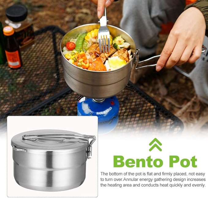 Stainless Steel Camping Cook Pot with Lid and Folding Handle Camping Cookware 1.5L Large Capacity Bento Pot for Camping, Hiking, Picnic
