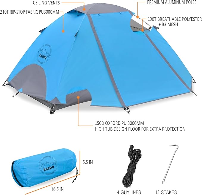 KAZOO Waterproof Backpacking Tent 2/3 Person Lightweight Camping Tents 2/3 People Hiking Tents Aluminum Frame Double Layer