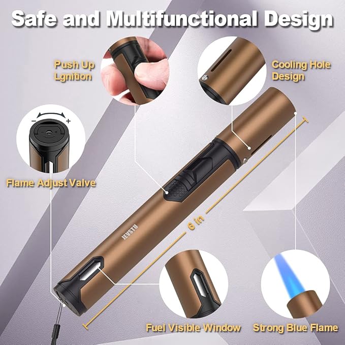 Butane Lighter, Torch Lighter with Fuel Level Window, Adjustable Fire Jet Lighter for Fireplace, Windproof Pen Lighter for Candle Kitchen BBQ, Brown, Lighter Fluid not Included