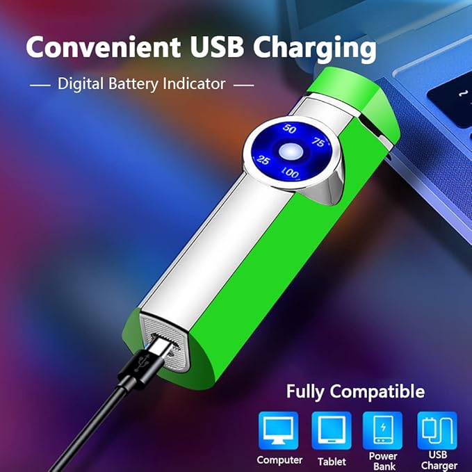 SKRFIRE Electric Lighter Rechargeable USB Lighter Triple Arc Plasma Lighter Outdoor Windproof Flameless Lighter Portable Cool Lighter with Digital Power Display for Candles, Fireworks, Incense(Green)