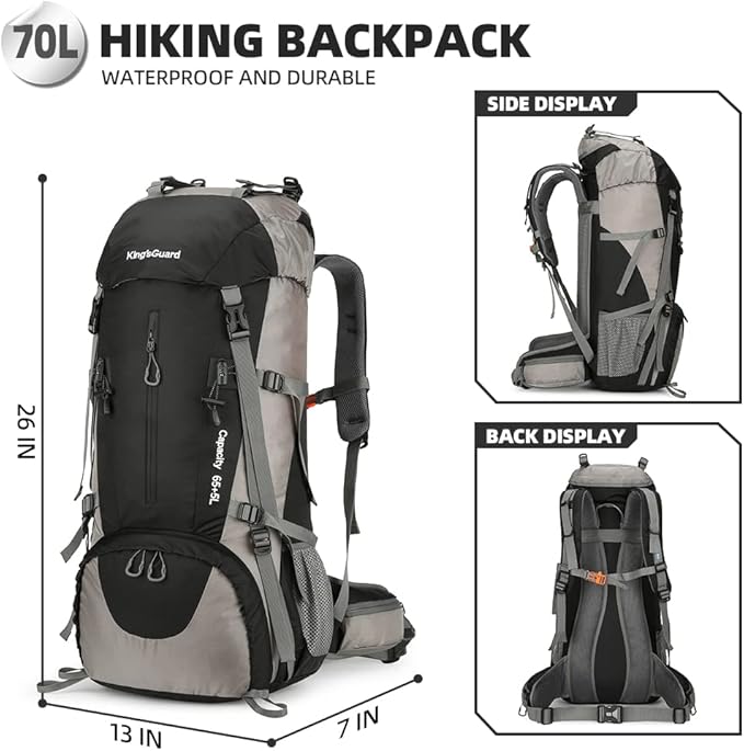 King'sGuard 70L Hiking Backpack Large Lightweight Waterproof Camping Backpack Travel Backpacking Backpack Daypack with Rain Cover -Frameless (Black)
