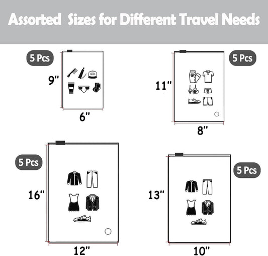 (20 pcs Value Pack) Travel Luggage Organizer Bags, Assorted Sizes, 4Mil Resealable Slider Zip Plastic Clothing Packaging, Frosted Travel/Home Storage and organizing Pouches, Space Saver Bag