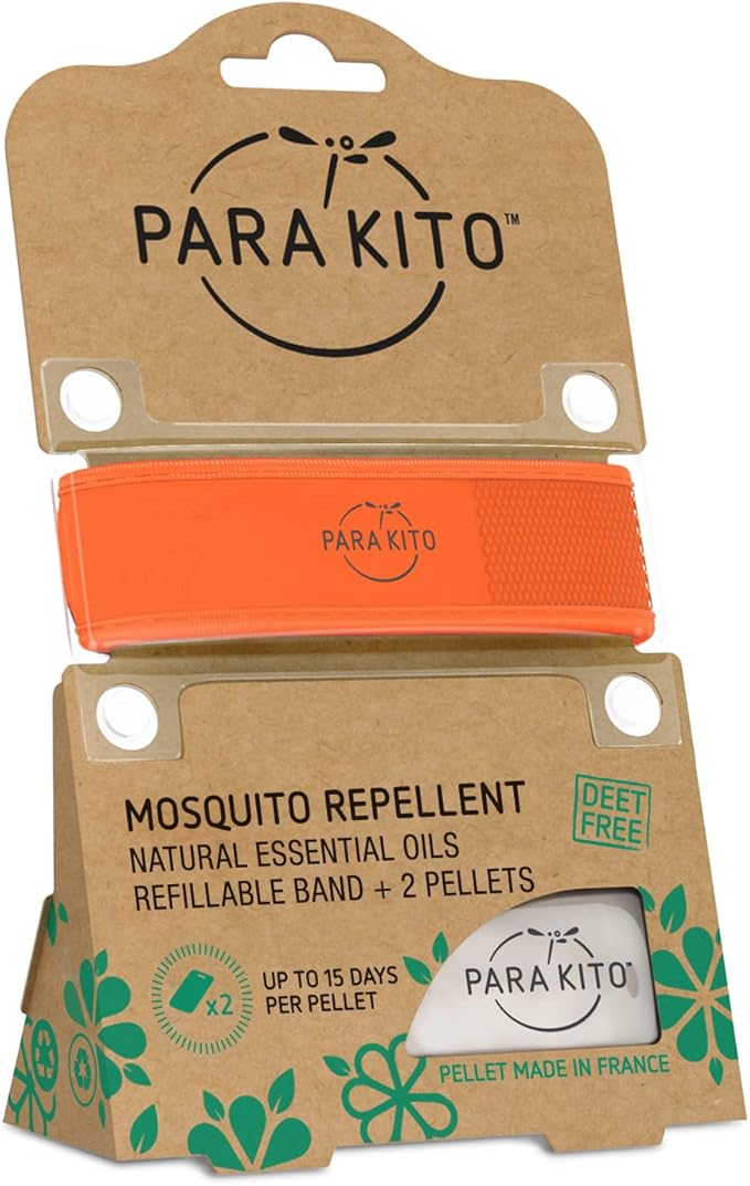 PARA'KITO Mosquito Insect & Bug Protection Wristband - Mosquito Stickers, Bug Spray Alternative Essentials for Beach, Camping, Desert Hiking, Christmas Bonfires - Natural Essential Oils (Orange)