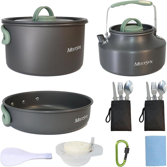 Camping Cookware Set with Silicone Handle, Camping Cooking Set for 2-3 Person,Camp Cooking Set with 1.5L Pot,Camping Pot Pan Set with Kettle and Folding Tableware for Camping Hiking Picnic