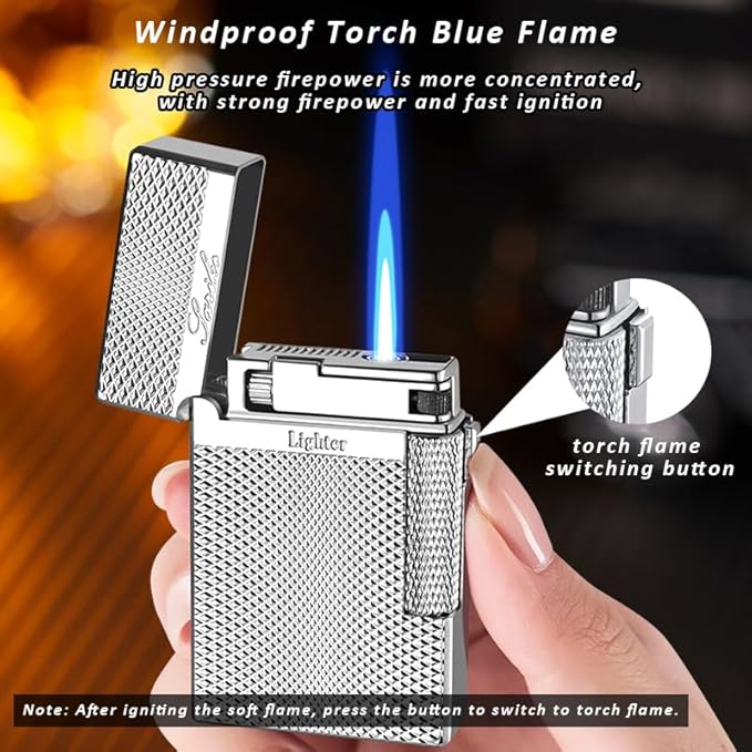 Lighters Jet Torch Lighter Soft Flame Lighter 2 in 1 Windproof Refillable Butane Lighter Good for Cigarette Cigar Candle Camping Hiking BBQ (Black-Meteorite)