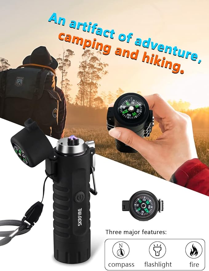 SKRFIRE Electric Lighter Rechargeable USB Plasma Dual Arc Lighter Waterproof Cool Portable Candle Lighter with Compass Flashlight Windproof Outdoor Lighter with Gift Box for Camping, Hiking (Black)