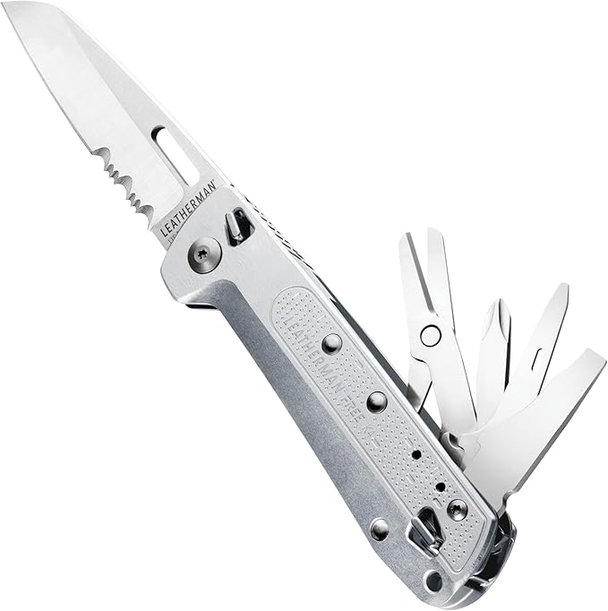 LEATHERMAN, FREE K4 EDC Pocket Multitool with Knife, Magnetic Locking, Aluminum Handles and Pocket Clip, Made in the USA, Silver (K4X with Serrated Blade)