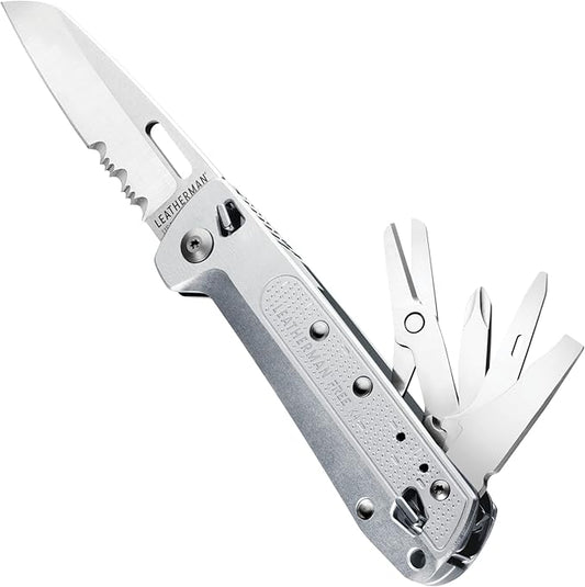 LEATHERMAN, FREE K4 EDC Pocket Multitool with Knife, Magnetic Locking, Aluminum Handles and Pocket Clip, Made in the USA, Silver (K4X with Serrated Blade)