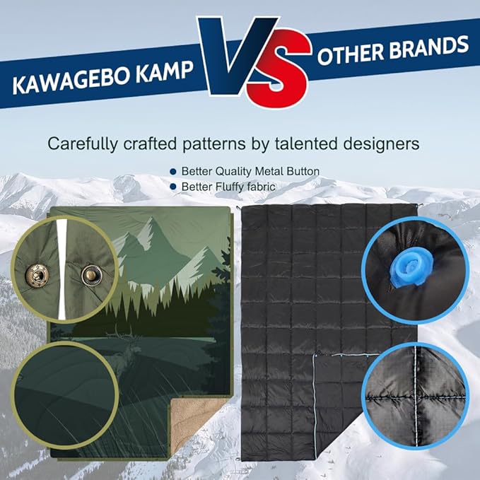 Outdoor Camping Blanket with Sherpa Lining, Extra Warm Thick Camp Blankets & Puffy Ultralight Soft Poncho DWR Camping Quilt for Cold Weather, Adventure,Sleeping,Backpacking 78"x 56"