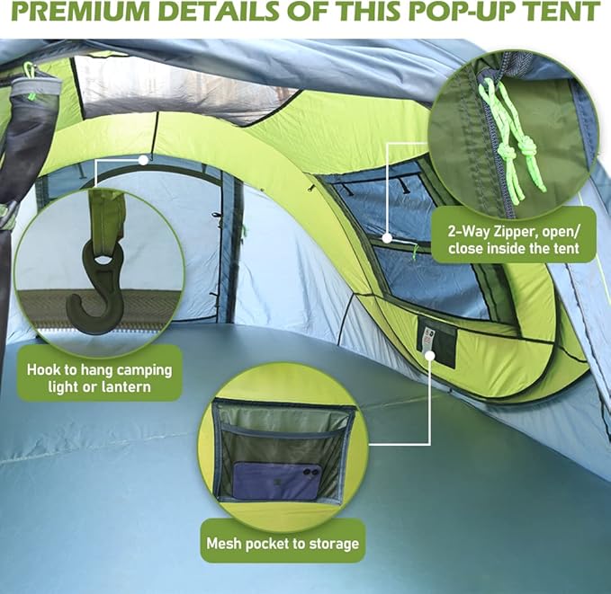 Pop Up Tent, HIKERBRO 4 Person Instant Tent with Skylight, Waterproof Instant Pop Up Tent with Rainfly, Easy Setup Camping Tents, 2 Doors & Windows, 4 Men Automatic Family Tent for Hiking, Traveling