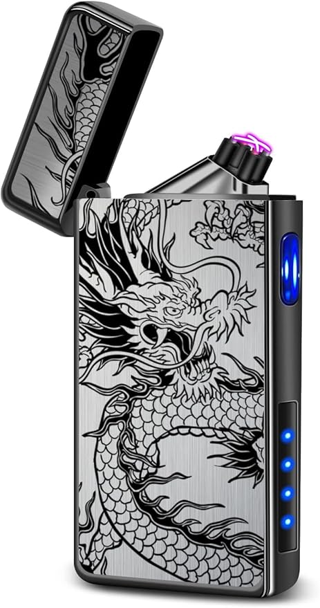 LcFun Electric Lighter USB Rechargeable Lighter, Windproof Plasma Dual Arc Lighter, Flameless Cool Lighters with LED Battery Indication for Candles, Incense Stick, Outdoor Camping (Black Dragon)