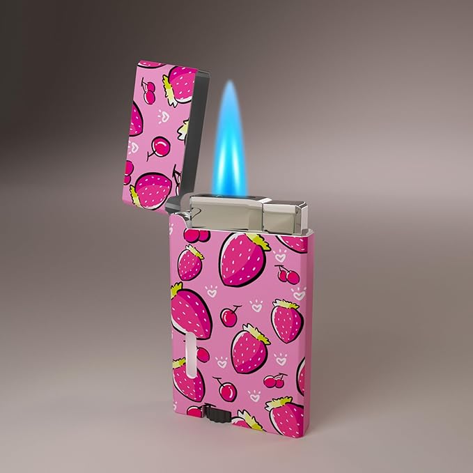 Pink Strawberry Cool Butane Torch Lighters,Refillable Adjustable Jet Flame Lighter,Windproof,Gift for Men Candles Camping BBQ (No Butane Fuel) (d5)