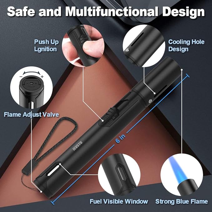 Torch Lighter, Butane Lighter with Fuel Level Window for Candle, Adjustable Fire Jet Torch Windproof Lighter Long for Grill Cooking Survival, Mini Men Gifts, Black (Lighter Fluid not Included)