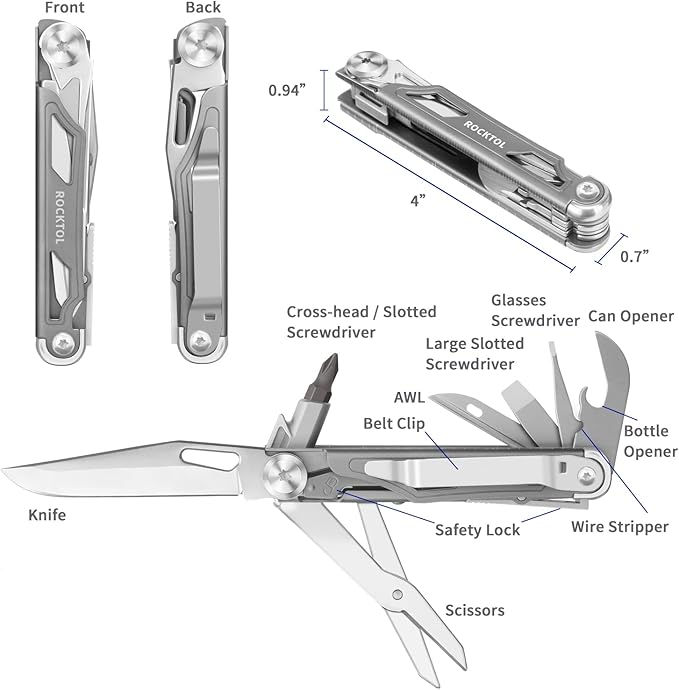Multitool Pocket Knife,12-in-1 Multitool Knife,Titanium-Plated Handle,Pocket Clip,Large Scissors,Stainless Steel for Camping, Hiking, Survival, multitool for Men