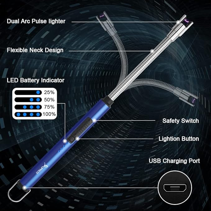 Candle Lighter SUPRUS Rechargeable Electric Arc Lighter Triple Safety Long Lighter Stainless Steel Shell & Hanging Hook with 360°Flexible Neck