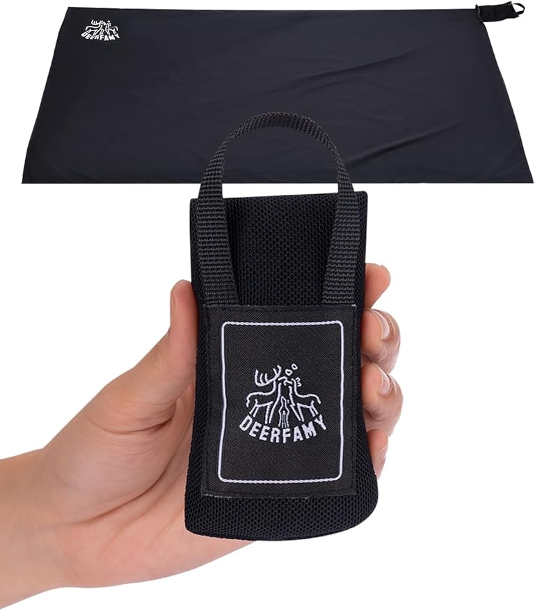 DEERFAMY Outdoor Pocket Blanket(43x28), Waterproof Windproof Picnic Blanket Folding Packable Blanket with Triangular Sand Pocket, Eco-Friendly Blanket for Hiking, Camping, Beach and Concert, Black