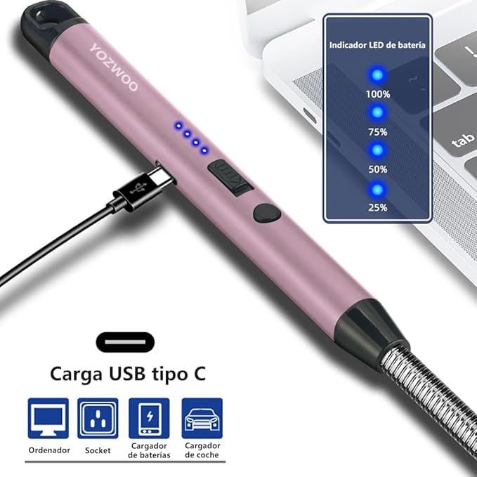 YOZWOO Candle Lighter USB Electric Lighter Rechargeable Arc Lighter with LED Display 360 ° Flexible Neck Flameless and Windproof Long Lighter for Outdoor Camping, Barbecue, Fireworks (Rose Gold)