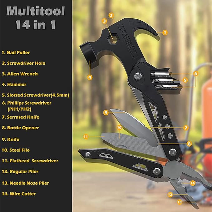 Camping Accessories Multitool Hammer, Mini Multi tool Gadgets with DIY Stickers, Safety Lock & Screwdriver Bits Set, Cool Hiking Survival Gear, Multi Tool for Outdoor, Camping
