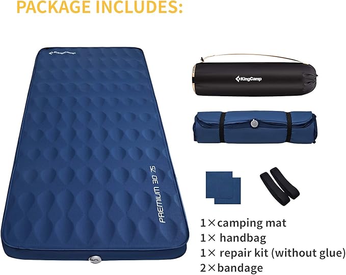 KingCamp Premium 3D Self-Inflating Camping Sleeping Pad Mattress Comfortable 3 “Thick Portable Lightweight Double Single R-Value 6.1 Warm for Winter Camping Indoor Outdoors Single-Navy