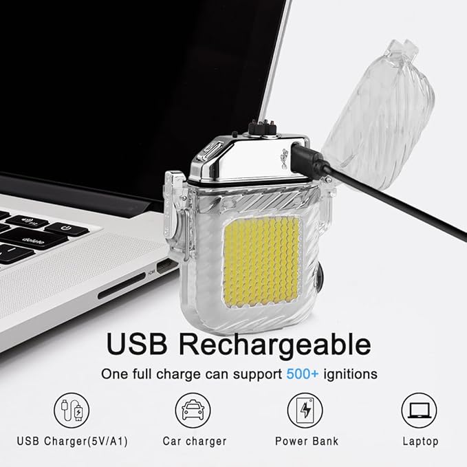 ARECTECH Electric Arc Dual Lighter Rechargeable Lighter 3 Modes of Flashlight Plasma Windproof Lighters Waterproof with Survival Emergency Whistle and Lanyard for Candle Outdoor Camping (Silver)