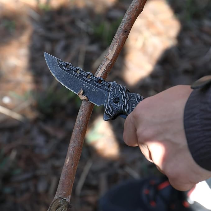 Stainless Steel Pocket Folding Knife with A Sculpted Chain Handle - Safety Liner Lock, Pocket Belt Clip Knife - Portable Tactical Utility Knives for Men Great for EDC, Camping, Fishing & More