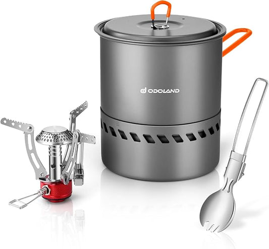 Odoland Portable Pot with Backpacking Stove 5-in-1 Energy Saving Camping Cookware Mess Kit for Hiking, Trekking, Fishing and Picnic