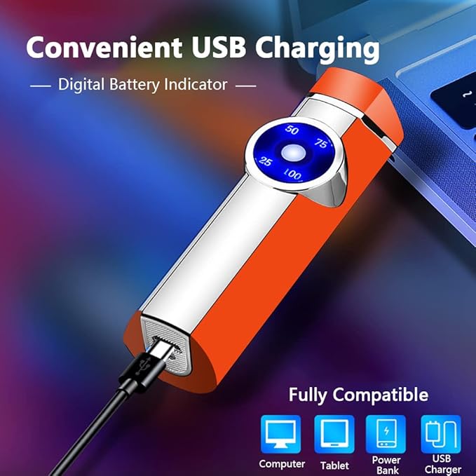 SKRFIRE Arc Lighter Rechargeable USB Lighter Triple Arc Plasma Lighter Windproof Flameless Electronic Lighter Portable Lighter with Smart Safety Switch for Outdoor Camping, Hiking, Travel (Orange)