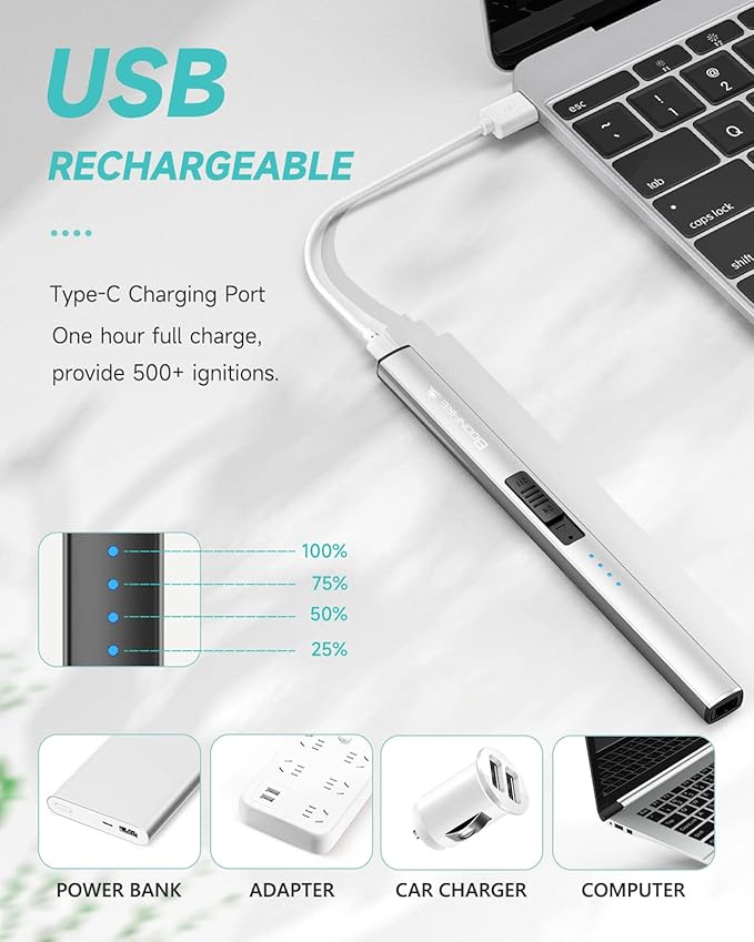 Boonfire Candle Lighter, Electric Rechargeable Arc Lighter with LED Battery Display Portable USB Charging Flame-Less Windproof Lighters for Light Candles Gas Stoves Camping Barbecue(Silver)