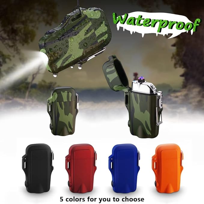 GADATOP Electric Lighter, Outdoor Waterproof Double arc Lighter Windproof Lighter, Rechargeable USB Lighter flameless Plasma Lighter with LED Torch with Lanyard, Suitable for Camping, Hiking (Orange)