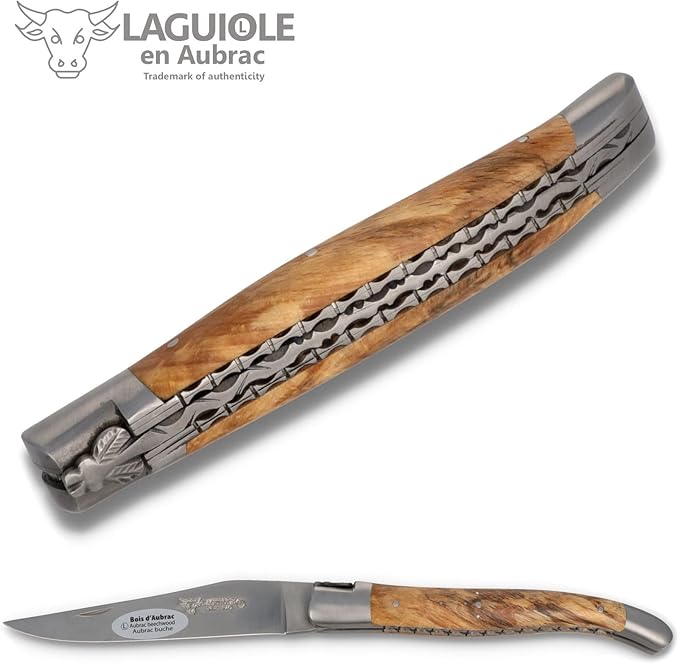 Laguiole en Aubrac Handmade French Knife 12 cm - Double platines - Aubrac Beech Wood Handle - Blade and bolsters Stainless Steel
