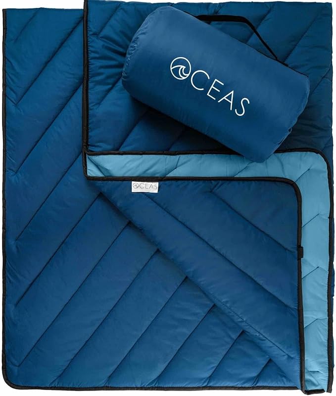 Oceas Outdoor Waterproof Stadium Blanket - Thicker Weather Proof and Windproof Blankets for Camping, Sporting Events, Picnic and Car Use - 100% Waterproof Insulated Blanket and Throws (Puffy, Blue)