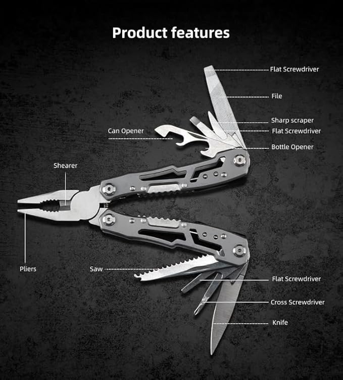 Professional Portable 14-in-1 Multitool for Outdoor Camping and EDC - Reliable Blade, Ergonomic Design, Compact and Convenient, Safety First - Versatile Utility - Black