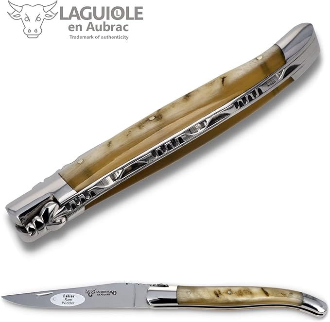 Laguiole en Aubrac Handmade Knife 12 cm L0212BEIF ram's Horn Handle, Blade and bolsters Stainless Steel Shiny