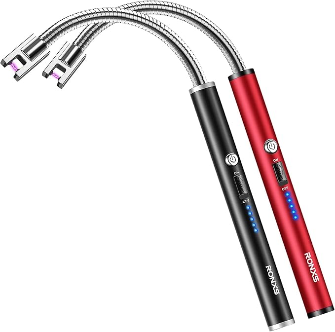 RONXS Lighter Electric Lighter Rechargeable Arc USB Candle Lighters with LED Battery Display, Flexible Neck Windproof Flameless Plasma Long Lighters for Candle BBQ Camping (J-Black&Red)