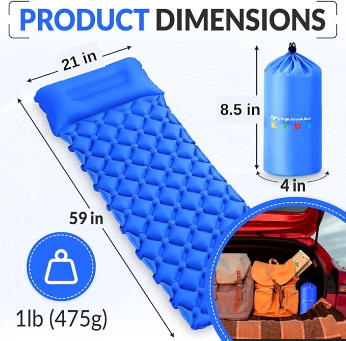 Kids Sleeping Pad for Camping and Sleepovers with Pillow, Inflatable Camping Mattress for Backpacking & Travel, Thick Toddler Cot Mat, Fast Inflating Camping Sleeping Pads for Kids
