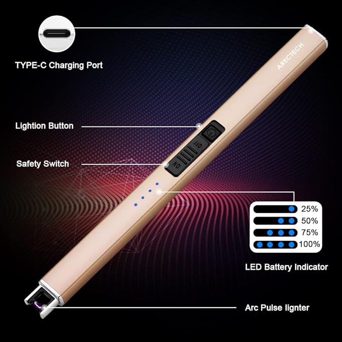 ARECTECH Lighter Electric Lighter Candle Lighter Rechargeable Type-C USB Lighter Plasma Arc Lighters for Candle Camping Kitchen Gold